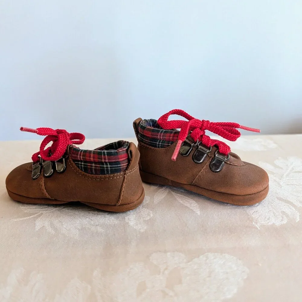 VTG 80s Dyna Kids Brown Baby Shoes Size 2 Red Laces Tartan Plaid Preppy Classic